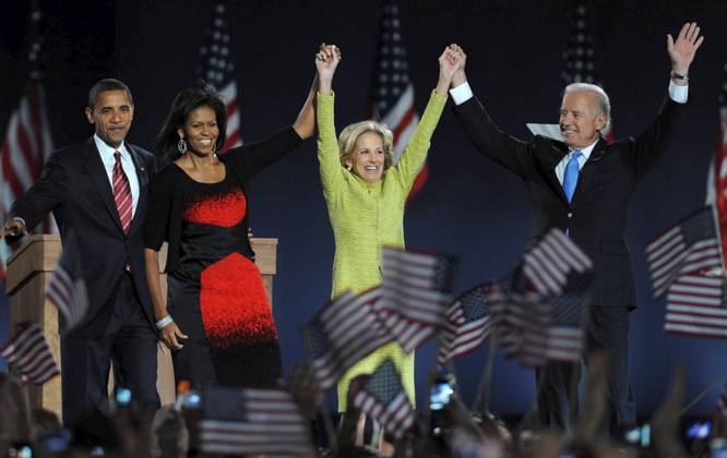 Election Victory Party American President Elect Barack Obama and his wife Michelle stand on stage with Vice President Elect Joe Biden and his wife Jill during their election night victory rally at Grant Park on November 4, 2008 in Chicago, Illinois. Picture by Dennis Van Tine,  Copyright: xDennisxVanxTinex xAvalonx 0549060080