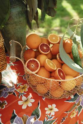 IMAGO Creative, Lifestyle, Feste im Garten #2 Basket of oranges on floral tablecloth San Diego, California, United States R_QCYJ240623-1467771-01
