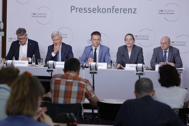 Dr Oliver Heidinger, Dr Thomas Gößl, Florian Burg, Press Spokesman, Dr Ruth Brand, President of the Federal Statistical Office , Stefan Dittrich Federal Statistical Office, Germany, Berlin, Federal Press Conference, Federal Statistical Office, Census 2022 start of publication of results