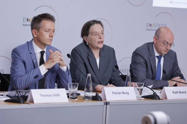 Florian Burg, Press Spokesman, Dr Ruth Brand, President of the Federal Statistical Office , Stefan Dittrich Federal Statistical Office, Germany, Berlin, Federal Press Conference, Topic Federal Statistical Office, Census 2022 Start of publication of results