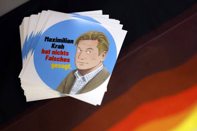 A sticker with the portrait of politician Maximilian Krah AfD and the inscription Maximilian Krah has said nothing wrong to be seen at the 15 federal party conference of the Alternative for Germany in the Grugahalle Essen, 30 06 2024 NRW Germany Copyright: xChristophxHardtx