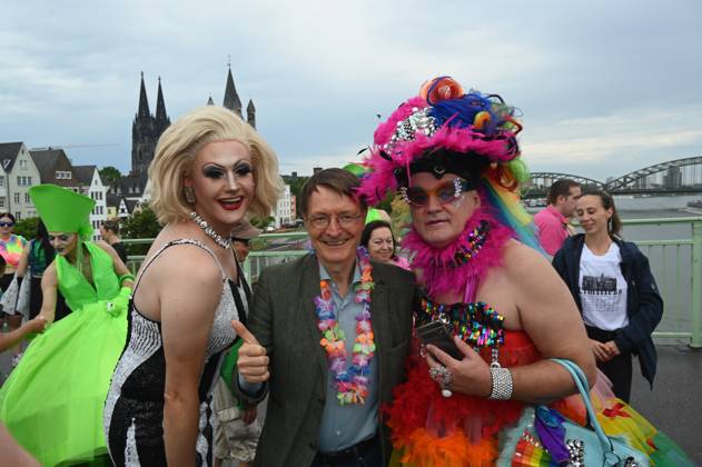 Politician Karl Lauterbach SPD , Federal Minister of Health as a participant in the Christopher Street Day CSD in Cologne Over 200 groups of lesbians and gays took part in the parade with this years motto For Human Rights - Many Together Strong They demonstrated for more social acceptance and legal equality for gays, lesbians, transgender a