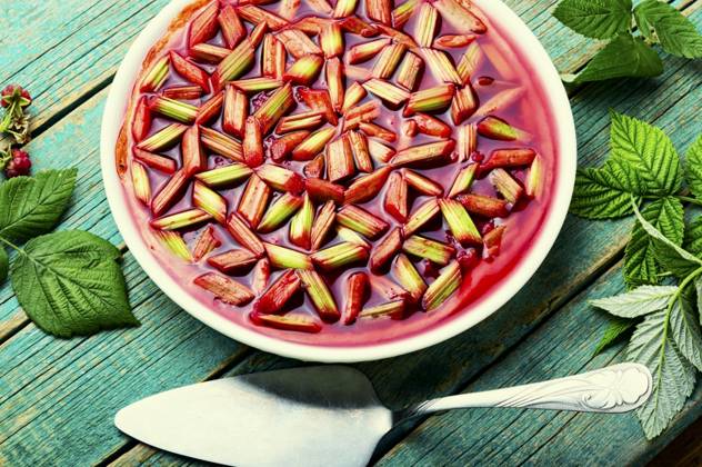 Jellied pie or cake with rhubarb stalks and raspberries. Summer sweet dessert.. Yummy pie with rhubarb and raspberries,summer pie ,model released, Symbolfoto