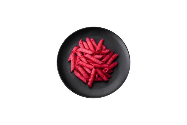  Delicious penne pasta with beets, cheese, salt and spices, Delicious penne pasta with beets, cheese, salt and spices on a dark concrete background, Delicious penne pasta with beets, cheese, salt and spices on a dark concrete background, 07.09.2023, Copyright: xTan4ikx Panthermedia35846950.jpg
