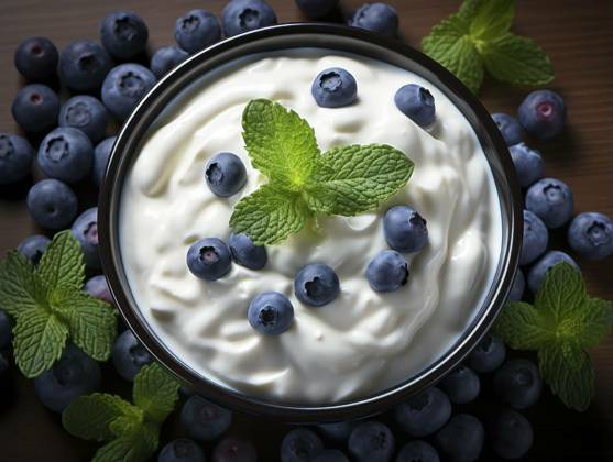  Bowl with yogurt and blueberries on table, top view, Bowl with yogurt and blueberries on table, top view, Bowl with yogurt and blueberries on table, top view, 08.10.2023, Copyright: xTjeerdkrusex Panthermedia35985762.jpg
