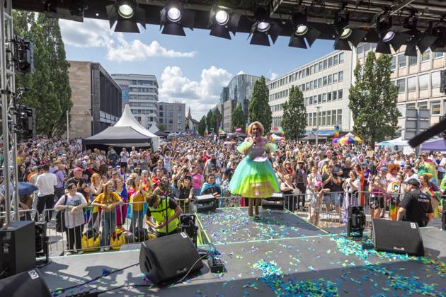 Report 03 08 2024 The 25th CSD in Nuremberg, the demo procession on Saturday through Nuremberg city center with over 12,000 visitors, motto 25 years and louder than ever, great weather, great atmosphere, everything peaceful Dean Deville leads through the program Nuremberg Bavaria Germany