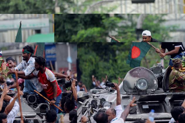 August 5, 2024, Dhaka, Wari, Bangladesh: Anti-government protestors celebrate in Shahbag near Dhaka university area in Dhaka on August 5, 2024. Protests in Bangladesh that began as student-led demonstrations against government hiring rules in July culminated on August 5, in the prime minister fleeing and the military announcing it would form an interim government.People gather to celebrate the fall of Bangladesh Prime Minister Sheikh Hasina after an intense clash between police, pro-government forces, and anti-Quota protesters in Dhaka, Bangladesh. Dhaka Bangladesh - ZUMAr336 20240805_zip_r336_058 Copyright: xHabiburxRahmanx