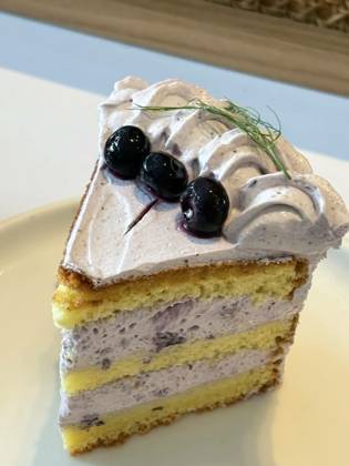 slice of blueberry cake decorated with fresh berries on white plate, delicious layered cake, top view, slice of blueberry cake decorated with fresh berries on white plate, delicious layered cake, top view in the cafe, slice of blueberry cake decorated with fresh berries on white plate, delicious layered cake, top view in the cafe, 03.05.2024, Copyright: xantokaryax Panthermedia37200585.jpg