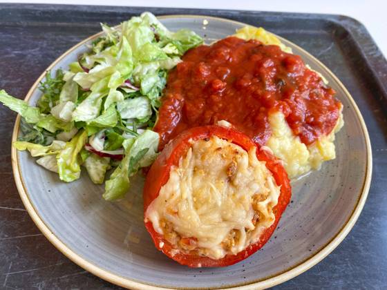 Lunch in a canteen Company restaurant Stuffed peppers with salad 15 08 2024