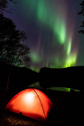 Northern Lights Aurora Borealis mirrors itself in a See, Rago National Park, Nordland, Norway, Bivouac, Tent, Lighting, McPGUN McP Gun 2025 000170 McPGUN