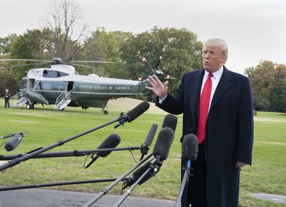 President Donald Trump departs The White House to attend a political event in Florida United States President Donald J. Trump speaks to the media as he departs The White House in Washington, DC, to attend a political event in Florida, October 31, 2018. Photo Credit: Chris Kleponis CNP AdMedia Washington District of Columbia United States of America EDITORIAL USE ONLY Copyright: xx ChrisxKleponisx admphotostwo539144