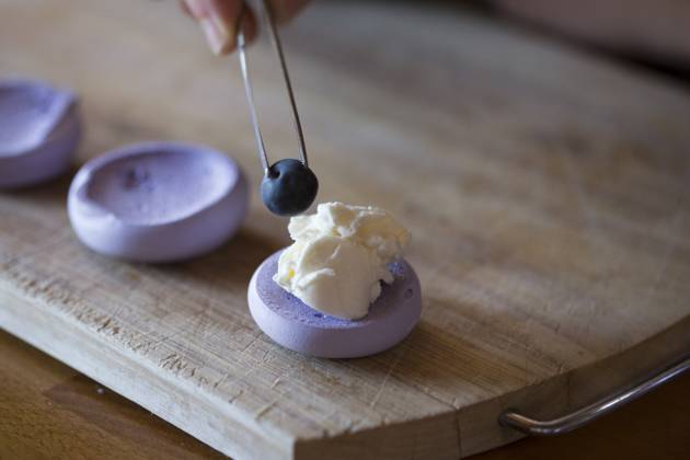 Hand of woman with tweezers adding blueberry in meringue model released, Symbolfoto, MEGF00456