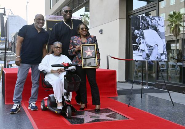 Dexter Redding and Killer Mike (L-R, rear) and Zelma Redding and Karla Redding-Andrews, (L-R, foreground), participate in a posthumous unveiling ceremony honoring the late entertainer Otis Redding with the 2,791st star on the Hollywood Walk of Fame on Friday, October 4, 2024.  LAP2024100414 JIMxRUYMEN