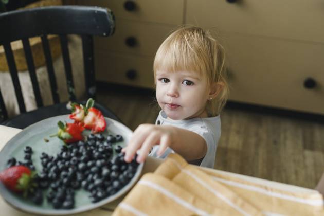Girl having blueberries at table in kitchen model released, Symbolfoto property released, VBUF00594