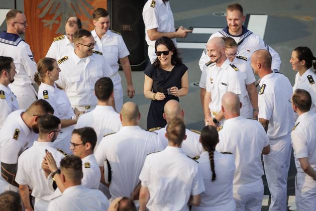 Annalena Baerbock Buendnis 90 Die Gruenen , Federal Minister of Foreign Affairs, photographed on board the German Armed Forces task force supply ship Frankfurt am Main in Goa, 26 10 2024 Photographed on behalf of the Foreign Office Goa India Copyright: xKiraxHofmann AAx