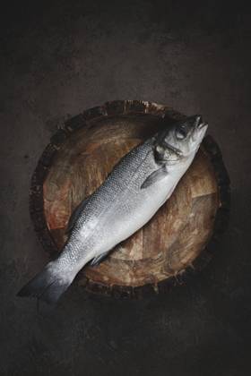 Frischer, roher Wolfsbarsch, in einer Holzplatte, Ansicht von oben, ohne Personen Fresh, raw sea bass fish, in a wooden plate, top view, no people Copyright: imageBROKER GalinaxDidebashvili ibxgai11737725