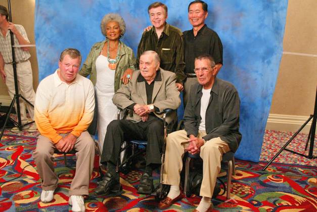 RECORD DATE NOT STATED (back row) Nichelle Nichols, Walter Koenig, George Takei, (front row) William Shatner, James Doohan and Leonard Nimoy at the Beam Me Up Scotty... One Last Time. The James Doohan Farewell Star Trek Convention and Tribute at the Renaissance Hollywood Hotel, , 11002418.jpg, talent, fame, star, famous, celebrity, people, popular, entertainment, person, event,