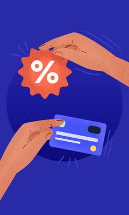 An illustration depicting hands holding a credit card and a discount symbol, emphasizing shopping and savings themes Perfect for marketing and financial materials Model Released ZamaStudio_ID25271_731102_017 Copyright: xZamaxStudiox RECORD DATE NOT STATED