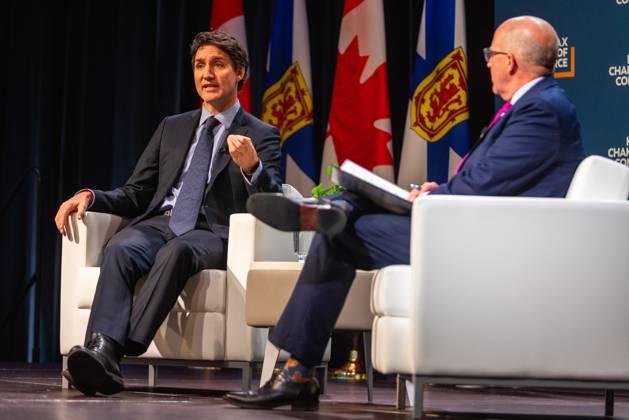 July 17, 2021, Halifax, Ns, Canada: Prime Minister Justin Trudeau, left, attends a fireside chat with the Halifax Chamber of Commerce with Patrick Sullivan in Halifax on Monday December 9, 2024. Halifax Canada - ZUMAc35_ 20210717_zaf_c35_108 Copyright: xRileyxSmithx