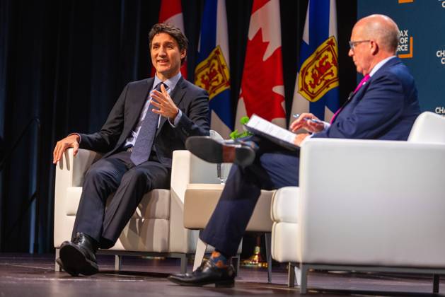 July 17, 2021, Halifax, Ns, Canada: Prime Minister Justin Trudeau, left, attends a fireside chat with the Halifax Chamber of Commerce with Patrick Sullivan in Halifax on Monday December 9, 2024. Halifax Canada - ZUMAc35_ 20210717_zaf_c35_109 Copyright: xRileyxSmithx
