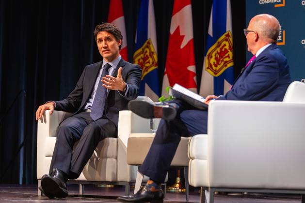 July 17, 2021, Halifax, Ns, Canada: Prime Minister Justin Trudeau, left, attends a fireside chat with the Halifax Chamber of Commerce with Patrick Sullivan in Halifax on Monday December 9, 2024. Halifax Canada - ZUMAc35_ 20210717_zaf_c35_110 Copyright: xRileyxSmithx