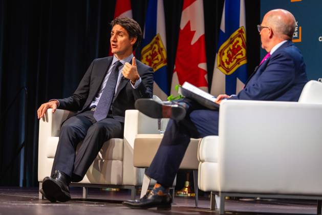 July 17, 2021, Halifax, Ns, Canada: Prime Minister Justin Trudeau, left, attends a fireside chat with the Halifax Chamber of Commerce with Patrick Sullivan in Halifax on Monday December 9, 2024. Halifax Canada - ZUMAc35_ 20210717_zaf_c35_111 Copyright: xRileyxSmithx