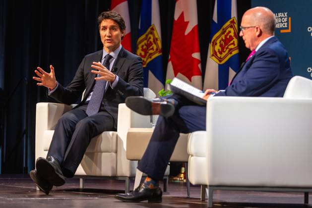 July 17, 2021, Halifax, Ns, Canada: Prime Minister Justin Trudeau, left, attends a fireside chat with the Halifax Chamber of Commerce with Patrick Sullivan in Halifax on Monday December 9, 2024. Halifax Canada - ZUMAc35_ 20210717_zaf_c35_112 Copyright: xRileyxSmithx