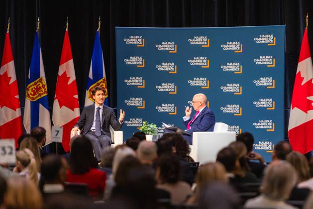 July 17, 2021, Halifax, Ns, Canada: Prime Minister Justin Trudeau, left, attends a fireside chat with the Halifax Chamber of Commerce with Patrick Sullivan in Halifax on Monday December 9, 2024. Halifax Canada - ZUMAc35_ 20210717_zaf_c35_113 Copyright: xRileyxSmithx