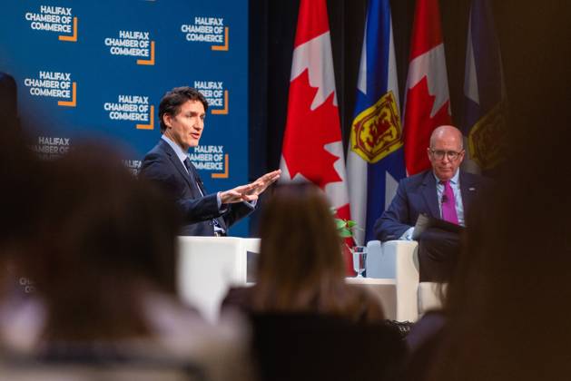 July 17, 2021, Halifax, Ns, Canada: Prime Minister Justin Trudeau, left, attends a fireside chat with the Halifax Chamber of Commerce with Patrick Sullivan in Halifax on Monday December 9, 2024. Halifax Canada - ZUMAc35_ 20210717_zaf_c35_114 Copyright: xRileyxSmithx