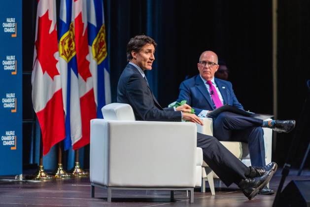 July 17, 2021, Halifax, Ns, Canada: Prime Minister Justin Trudeau, left, attends a fireside chat with the Halifax Chamber of Commerce with Patrick Sullivan in Halifax on Monday December 9, 2024. Halifax Canada - ZUMAc35_ 20210717_zaf_c35_115 Copyright: xRileyxSmithx