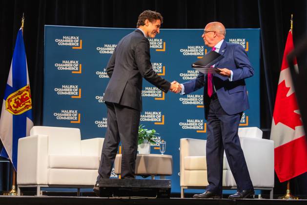 July 17, 2021, Halifax, Ns, Canada: Prime Minister Justin Trudeau, left, attends a fireside chat with the Halifax Chamber of Commerce with Patrick Sullivan in Halifax on Monday December 9, 2024. Halifax Canada - ZUMAc35_ 20210717_zaf_c35_105 Copyright: xRileyxSmithx