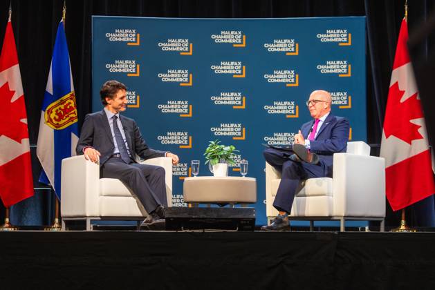 July 17, 2021, Halifax, Ns, Canada: Prime Minister Justin Trudeau, left, attends a fireside chat with the Halifax Chamber of Commerce with Patrick Sullivan in Halifax on Monday December 9, 2024. Halifax Canada - ZUMAc35_ 20210717_zaf_c35_106 Copyright: xRileyxSmithx