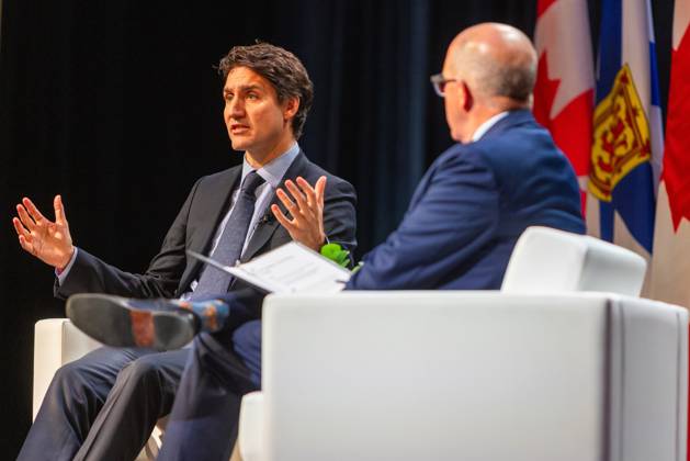 July 17, 2021, Halifax, Ns, Canada: Prime Minister Justin Trudeau, left, attends a fireside chat with the Halifax Chamber of Commerce with Patrick Sullivan in Halifax on Monday December 9, 2024. Halifax Canada - ZUMAc35_ 20210717_zaf_c35_107 Copyright: xRileyxSmithx