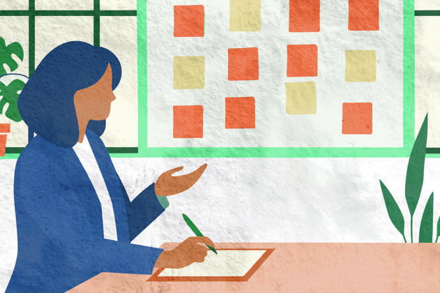 PR_ID25931_10317_IlustraBusiness.jpg A businesswoman is seated at a table, writing notes while gesturing towards a wall covered with sticky notes The setting is bright and features plants, creating a lively atmosphere, Property released Model Released AdalbertoRodriguez_ID25931_748610_011 Copyright: xAdalbertoxRodriguezx RECORD DATE NOT STATED