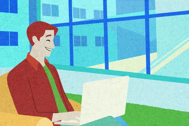 PR_ID25931_10317_IlustraBusiness.jpg A man sits comfortably on a couch in a modern workspace, smiling while using his laptop The large windows provide a view of a vibrant urban environment, adding to the lively atmosphere, Property released Model Released AdalbertoRodriguez_ID25931_748615_016 Copyright: xAdalbertoxRodriguezx RECORD DATE NOT STATED