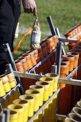 Pyronale 2018, Fireworks Championship at the Maifeld in Berlin, on 12 10 13 10 2018, Structure, Feuerwerker Building Fireworks on, Launch tubes, Firework bomb, Berlin Germany, Germany