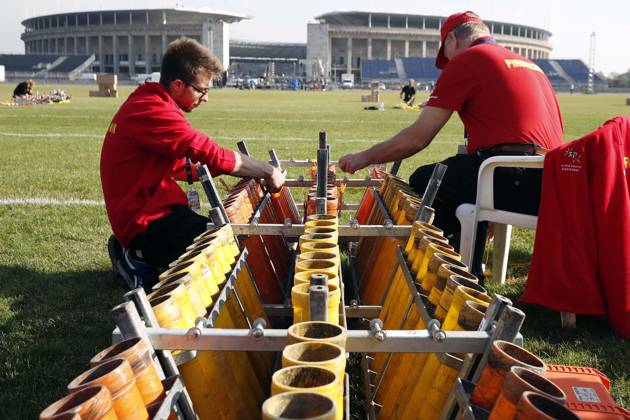 Pyronale 2018, Fireworks Championship at the Maifeld in Berlin, on 12 10 13 10 2018, Structure, Feuerwerker Building Fireworks on, Launch tubes, Firework bomb, Berlin Germany, Germany