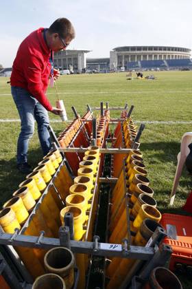 Pyronale 2018, Fireworks Championship at the Maifeld in Berlin, on 12 10 13 10 2018, Structure, Feuerwerker Building Fireworks on, Launch tubes, Firework bomb, Berlin Germany, Germany