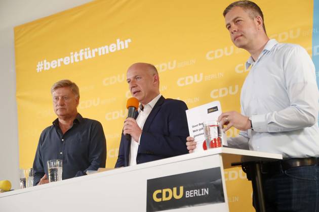 CDU Berlin provides Program for the House of Representatives election 2021 in Berlin before, with Kai Wegner, National Chairman, Ole from Beust, Stefan Evers, Secretary General, Berlin Germany, Germany