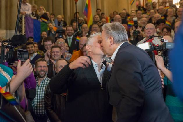 Celebration Adoption from Klaus Wowereit at Red City Hall in Berlin, Farewell party of Lesbians and gay association Berlin Brandenburg and the Berlin AIDS Help, with Life partner Joern Kubicki, Berlin Germany, Germany