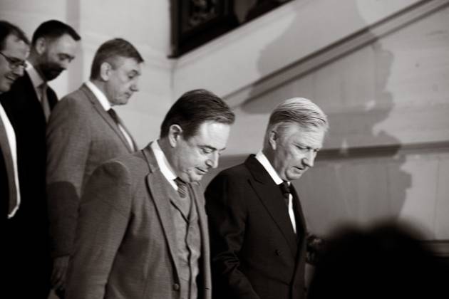 Prime Minister Bart De Wever and King Philippe - Filip of Belgium pictured at the oath ceremony of the new Prime Minister and members of the federal government at the Royal Palace, Monday 03 February 2025, in Brussels. Negotiators from the five parties that make up the Arizona coalition - the N-VA, MR, Engagà s, Vooruit and CD&V - reached a government agreement on Friday evening. HATIMxKAGHAT 111709483