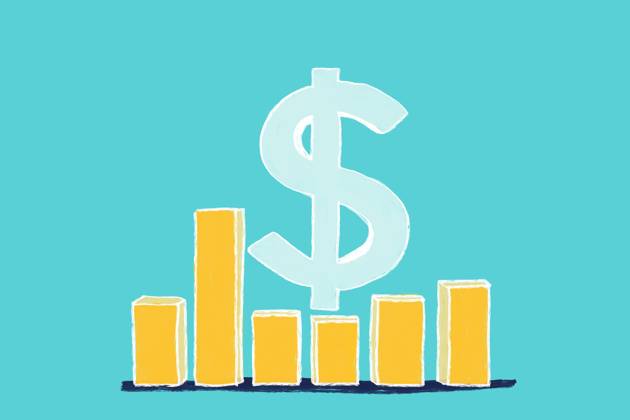 A yellow bar chart with varying heights sits against a teal background, dominated by a large dollar symbol. This illustration symbolizes financial growth and economic progress. Model Released HodeiUnzueta_ID26463_763613_009 Copyright: xHodeixUnzuetax RECORD DATE NOT STATED