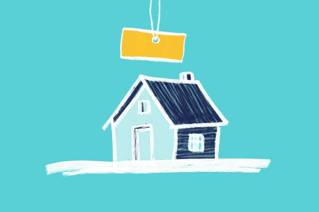 A creative illustration of a house with a yellow price tag on a turquoise background, symbolizing real estate, buying, selling, and home value concepts. Model Released HodeiUnzueta_ID26463_763614_010 Copyright: xHodeixUnzuetax RECORD DATE NOT STATED