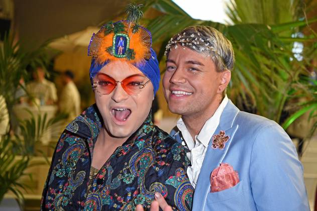 Julian F M Stöckel with friend Marcell Damaschke at the PROMIS UNTER PALMEN premiere at BeachMitte in Berlin on 10 02 2025