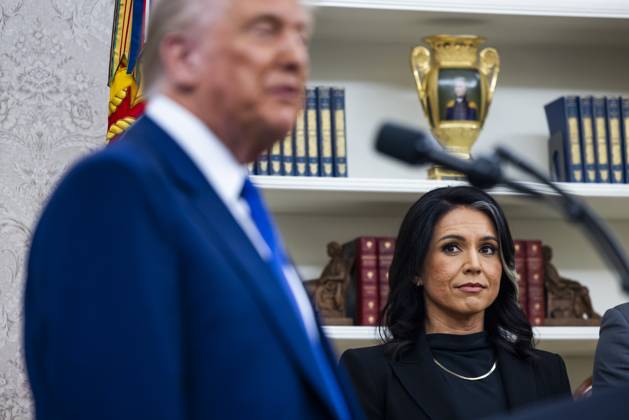 Tulsi Gabbard, Director of National Intelligence (DNI) (R) looks on as President Trump speaks in the Oval Office of the White House in Washington, DC, USA, 12 February 2025. Former Senate Minority Leader Mitch McConnell was the only Republican Senator to vote against her nomination. Copyright: xCNPx xMediaPunchx