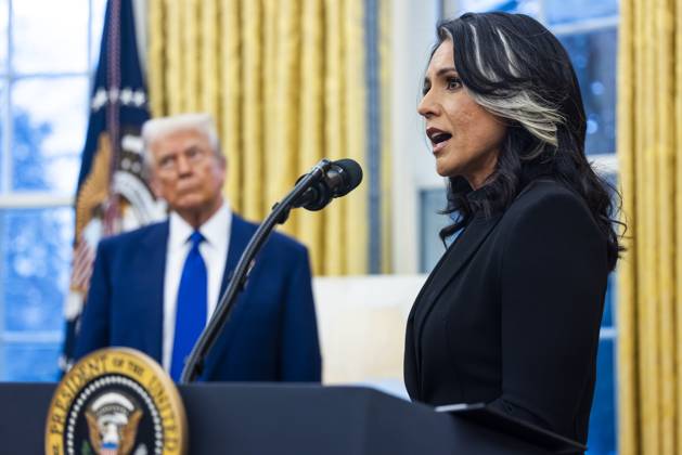 Tulsi Gabbard, Director of National Intelligence (DNI) speaks after she took the Oath of Office in the Oval Office of the White House in Washington, DC, USA, 12 February 2025. Former Senate Minority Leader Mitch McConnell was the only Republican Senator to vote against her nomination. Copyright: xCNPx xMediaPunchx