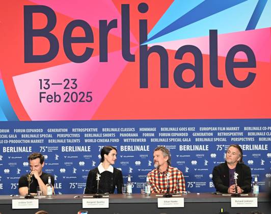 Irish actor Andrew Scott , American actress Margaret Qualley, actor Ethan Hawke and director Richard Linklater attend the press conference for Blue Moon at the 75th Berlin Film Festival in Berlin, Germany on Tuesday, February 18, 2025.  BER20250218125 RUNExHELLESTAD