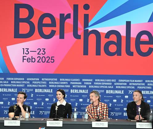 Irish actor Andrew Scott , American actress Margaret Qualley, actor Ethan Hawke and director Richard Linklater attend the press conference for Blue Moon at the 75th Berlin Film Festival in Berlin, Germany on Tuesday, February 18, 2025.  BER20250218126 RUNExHELLESTAD