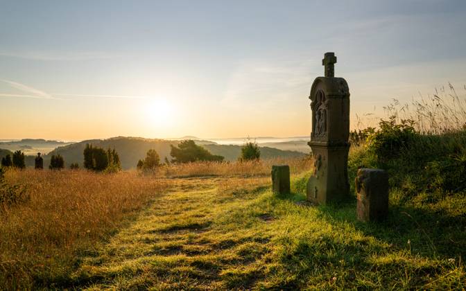 Panorama picture the Summer landscape in the Eifel at Blankenheim at Sunrise, North Rhine Westphalia, Germany 1100103237