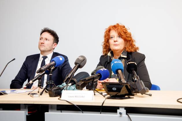 Brussels King s Prosecutor Julien Moinil and Prosecutor of the Republic at the Paris Judicial Court Laure Beccuau pictured during a press conference regarding the arrest of French-Italian criminal Antonio Ferrara, Friday 28 February 2025, at the Belgian federal police headquarters, in Brussels. Ferrara was arrested Yesteday with seven others in Eupen during a joint operation executed by French and Belgian police. The group allegedly planned a robbery on a secured cash depot in Germany. Ferrara is known as the escape king for having escaped from prison twice.  HATIMxKAGHAT 113649663